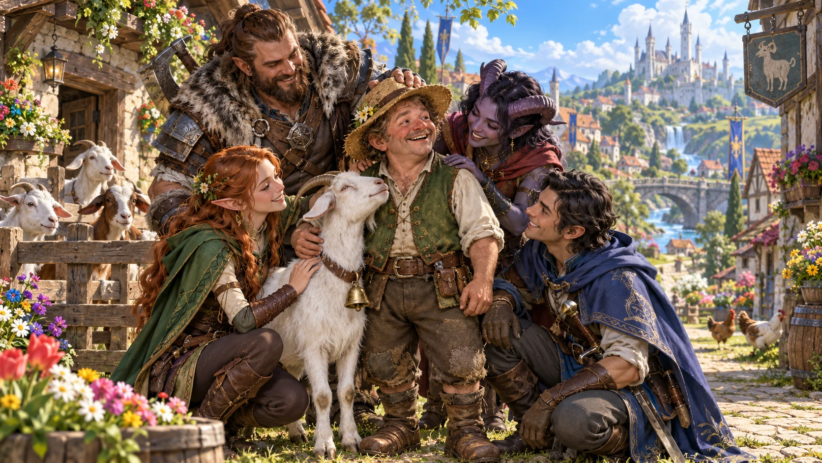 Illustrative adventurers greeting a friendly goat farmer they have chosen to care about.