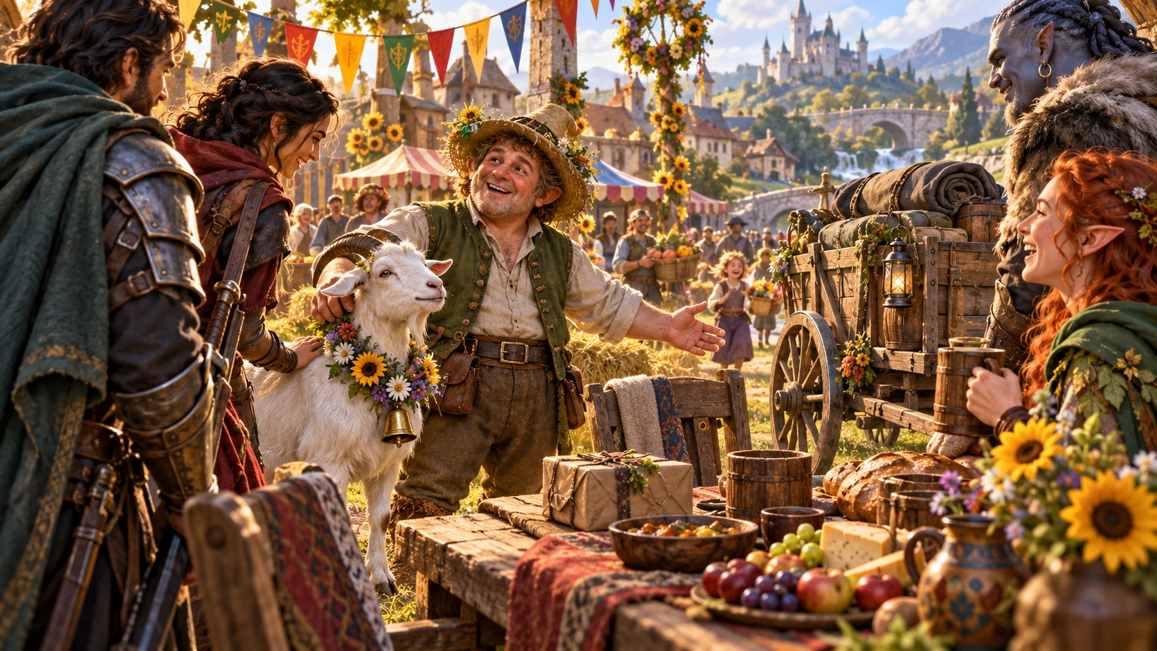 Illustrative adventurers returning to meet their recurring farmer friend at harvest.