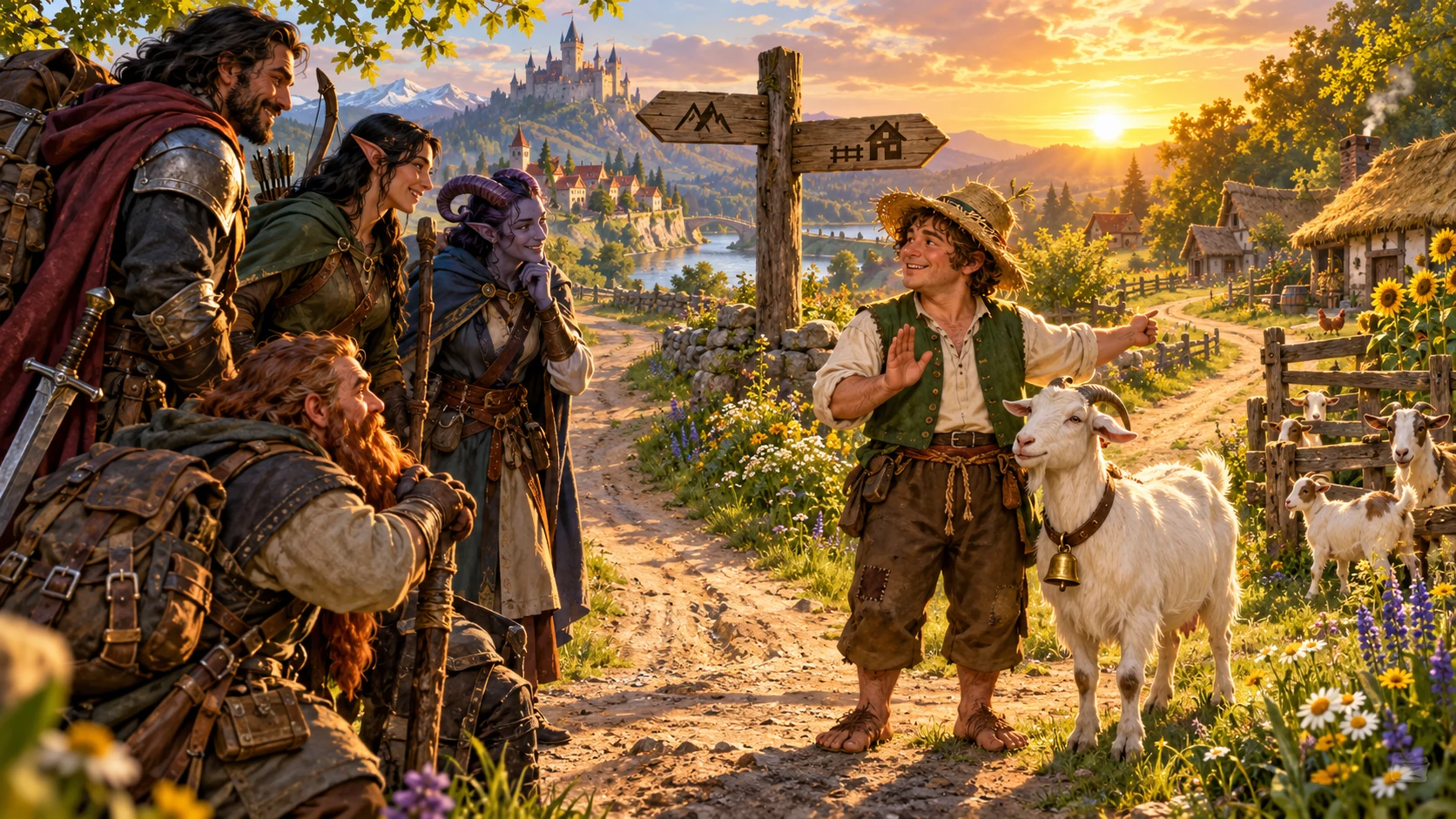 Illustrative adventurers and a familiar farmer discussing friendship and boundaries at a crossroads.